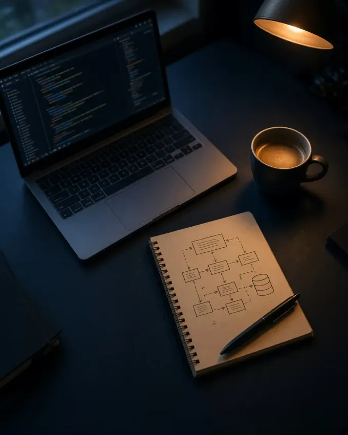 Bureau en soirée : ordinateur portable affichant du code, carnet avec le schéma d'architecture d'une application dessiné à la main, stylo et tasse de café sous une lampe.